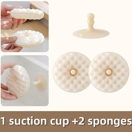 Double-sided dishwashing brush - Sponge brush with suction cup - 1 base + 2 refillable sponges - Scratch-free kitchen brush - Beige.