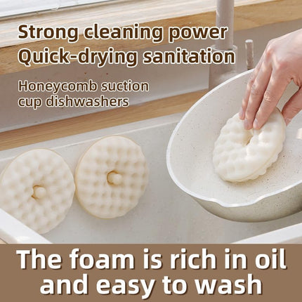 Double-sided dishwashing brush - Sponge brush with suction cup - 1 base + 2 refillable sponges - Scratch-free kitchen brush - Beige.