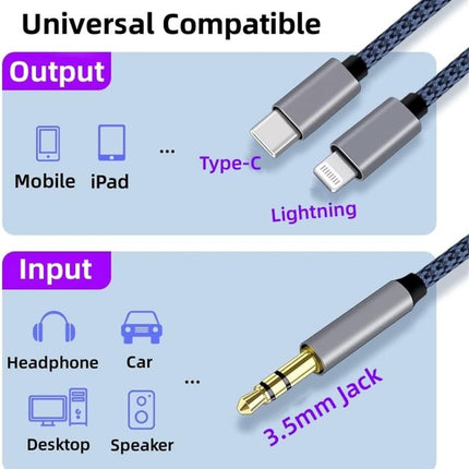 USB C \u0026 Lightning to 3.5mm Aux Audio Adapter Cable Braided Nylon.