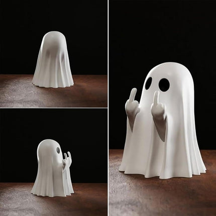 Funny Cheeky Halloween Ghost with Middle Finger Resin Statue Ornament Scary Sculpture.