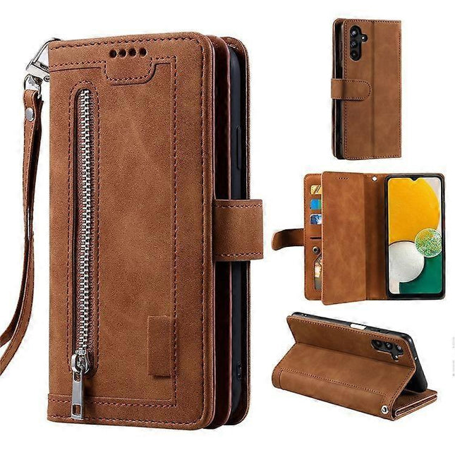 Compatible with Samsung Galaxy A26 5G Phone Case, PU Leather Zipper Wallet with 9 Card Slots, Brown.