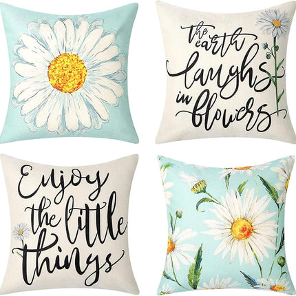 Cushion Cover Set of 4 45x45 cm Daisy Cotton Decorative Cushions Compatible with Modern Garden Living Room Bedroom Decor.