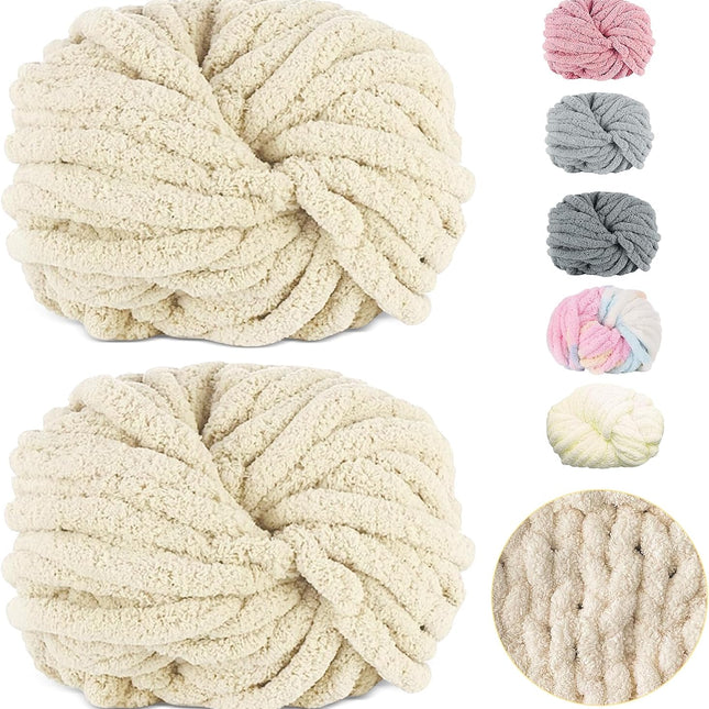 Chunky Chenille Fur Yarn Soft Wool Knitting Yarn 500g (250gx2) approx 54m Compatible with Crochet for Blankets Scarfs Hats Beige.