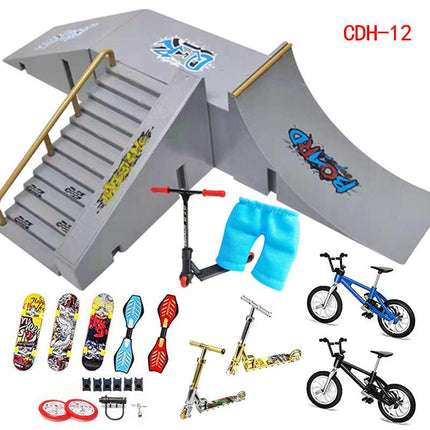 Finger Skateboard Ramp Set 16 Piece Park Kit Compatible with STASHABLES Includes Skateboards Ramps Scooters Skates Bikes Wheels.