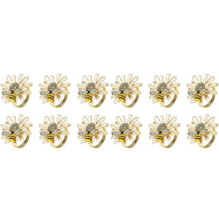 Set of 12 Daisies and Sunflowers Napkin Rings, Gold Napkin Ring Holders with Bees for Formal or Casual Dining.
