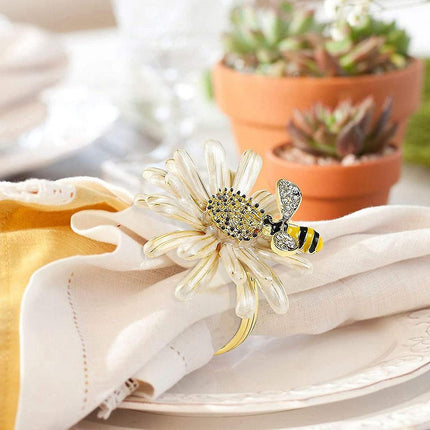 Set of 12 Daisies and Sunflowers Napkin Rings, Gold Napkin Ring Holders with Bees for Formal or Casual Dining.