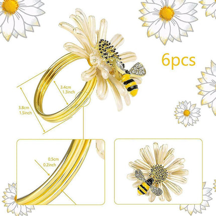 Set of 12 Daisies and Sunflowers Napkin Rings, Gold Napkin Ring Holders with Bees for Formal or Casual Dining.