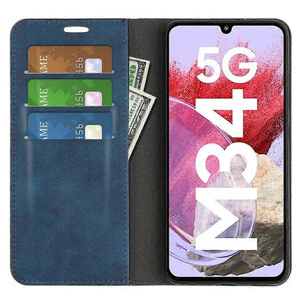 Compatible with Samsung Galaxy M34 5G Phone Case Retro Skin Magnetic Leather Dark Blue.