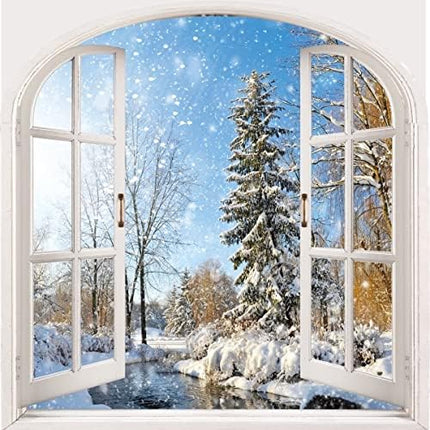 Winter Snow Scene Shower Curtain 180cm x 180cm Blue Sky Christmas Tree River Holiday Bath Curtain.
