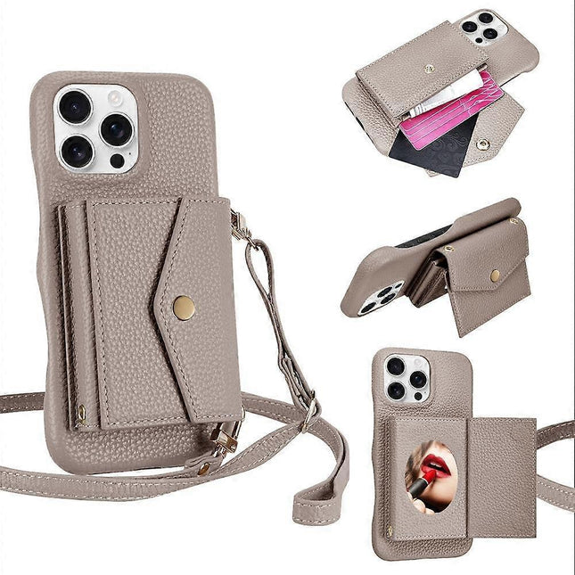 iPhone 14 Pro Case Horizontal Card Pocket Litchi Texture Long Cord Grey.