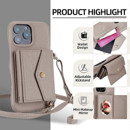 iPhone 14 Pro Case Horizontal Card Pocket Litchi Texture Long Cord Grey.