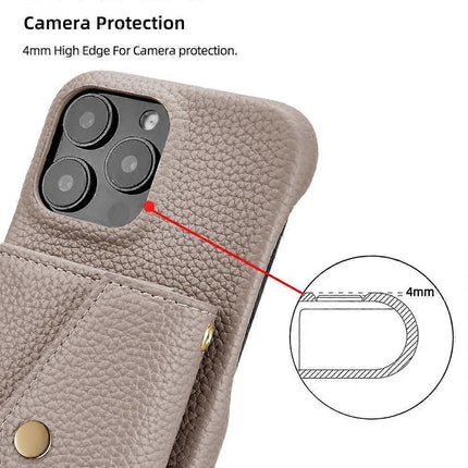 iPhone 14 Pro Case Horizontal Card Pocket Litchi Texture Long Cord Grey.