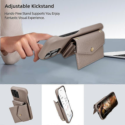 iPhone 14 Pro Case Horizontal Card Pocket Litchi Texture Long Cord Grey.