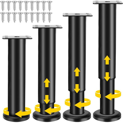 Furniture Legs Black 4 pcs Adjustable 18-30 cm with 18 Screws Metal Cabinet Feet for Sofa Table Chair.