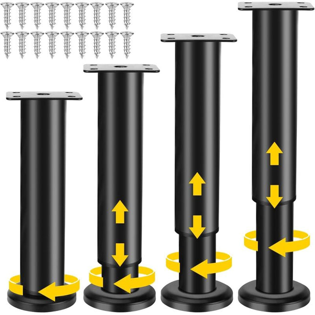 Furniture Legs Black 4 pcs Adjustable 18-30 cm with 18 Screws Metal Cabinet Feet for Sofa Table Chair.