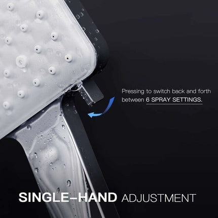 DEBUNS High Pressure Shower Head, Large Square with One-Hand Control, 6 Shower Modes, Chrome.