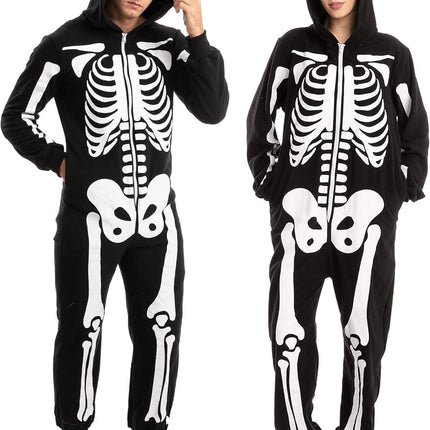Unisex Skeleton Onesie Pajamas Plush Skeleton Jumpsuit Zipper Halloween Hoodie Pajamas for Adults Sleepwear Costume Black XL.