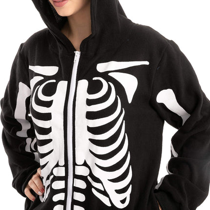 Unisex Skeleton Onesie Pajamas Plush Skeleton Jumpsuit Zipper Halloween Hoodie Pajamas for Adults Sleepwear Costume Black XL.