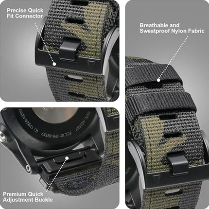 GARMIN Fenix 7X Pro 6X Compatible 26mm Military Nylon Replacement Strap Army Green.