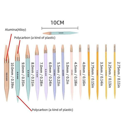 13 pairs of interchangeable needles, circular needles with 2.75 mm–10 mm.