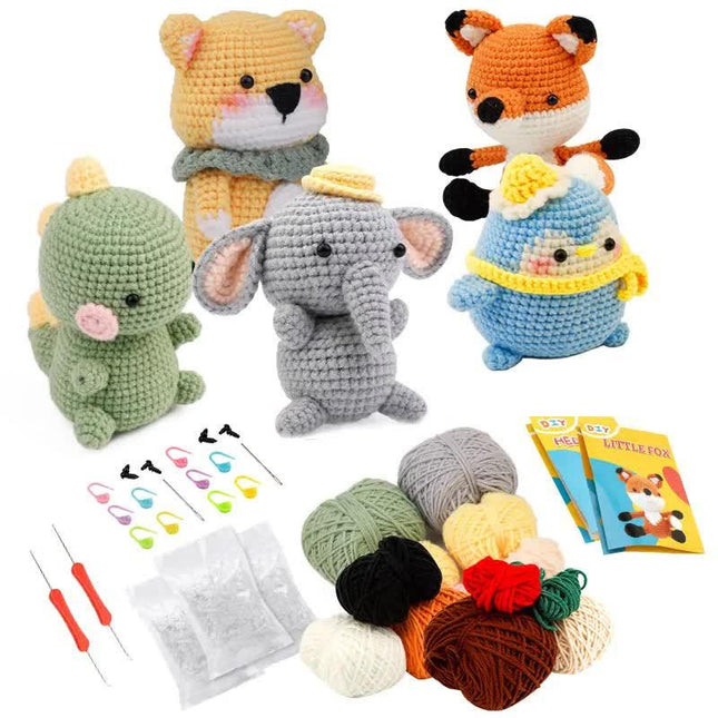 4-Piece DIY Crochet Kit for Animals with Hand Knitting Yarn, Needles, Plush Doll, Easy for Beginners, Includes Enough Yarn and Hook Accessories.