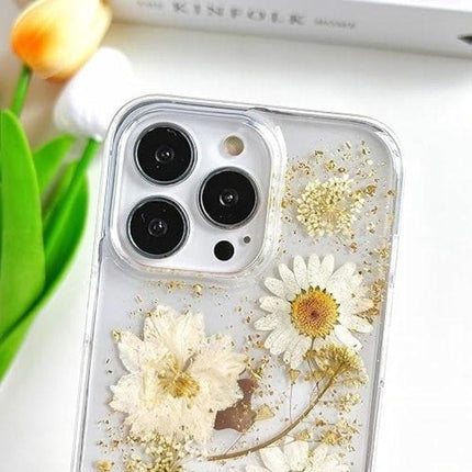 iPhone 16 Plus Case with Real Flowers Design, Transparent Glitter Floral TPU Slim Soft Protective Case for Women.