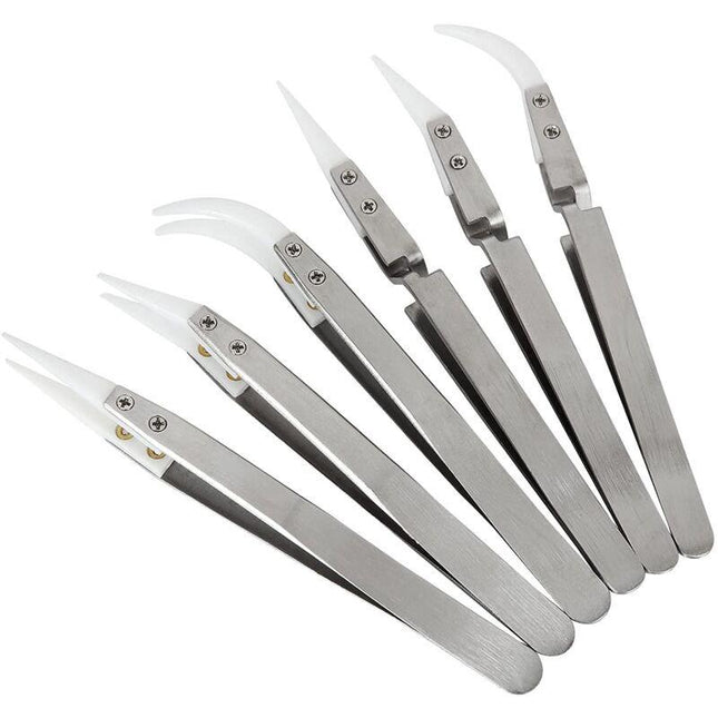 Precision Ceramic Inverted Soldering Tweezers 6pcs Non-conductive Antimagnetic with Pointed Curved Tips.