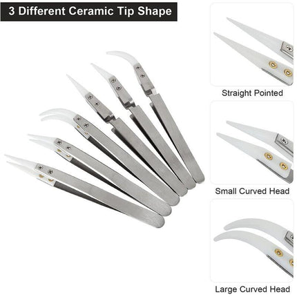 Precision Ceramic Inverted Soldering Tweezers 6pcs Non-conductive Antimagnetic with Pointed Curved Tips.