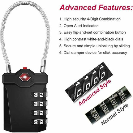 TSA Lock 4-Digit Combination Luggage Suitcase Alarm Anti-Theft Code with Opening Alarm Black 1 Piece.