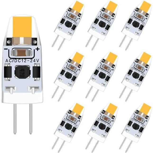 G4 LED Bulbs Warm White 3000K Dimmable 2W 12V-24V AC/DC 10-pack Replacement Compatible with Halogen Bulbs.