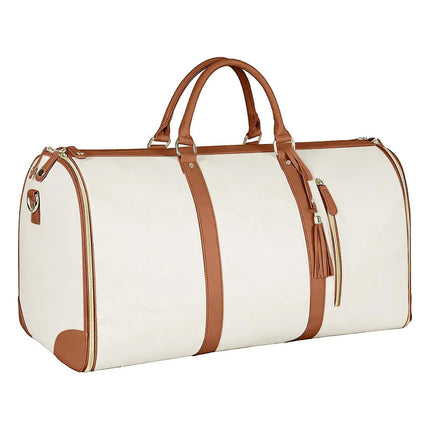 2-in-1 Foldable PU Leather Travel Bag, Convertible Suitcase, Travel Garment Bag for Women White.