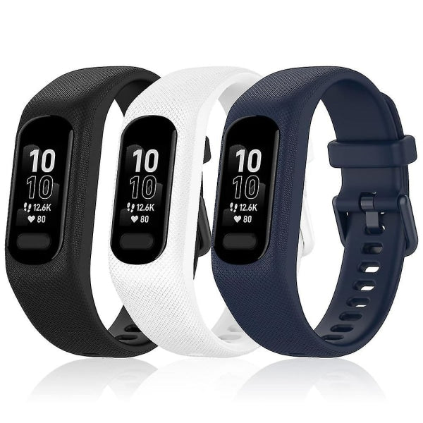 Compatible with Garmin Vivosmart 5 Wristbands, 3pcs Soft Silicone Replacement Sports Bands in Black White Blue.