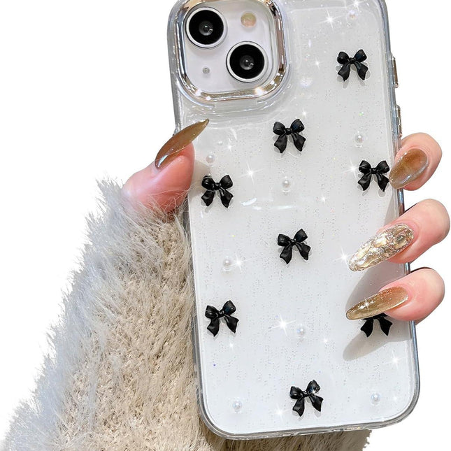Compatible with iPhone 15 Plus, Bling Glitter 3D Bowknot Phone Case Cute Sparkly Crystal Clear Bowknot Slim Soft Durable Protective Case Black iPhone 15 Plus.