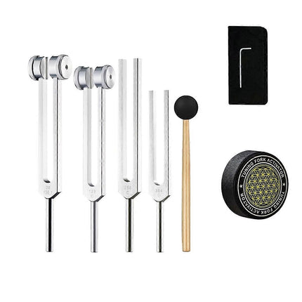 Healing Tuning Forks Set with 128Hz 136.1Hz 256Hz 384Hz Frequencies and Hockey Puck Activator for Chakra Sound Therapy.