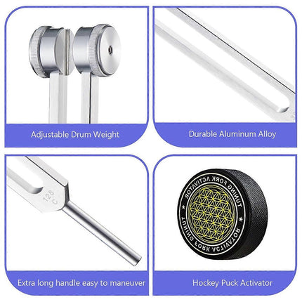 Healing Tuning Forks Set with 128Hz 136.1Hz 256Hz 384Hz Frequencies and Hockey Puck Activator for Chakra Sound Therapy.