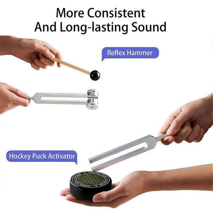 Healing Tuning Forks Set with 128Hz 136.1Hz 256Hz 384Hz Frequencies and Hockey Puck Activator for Chakra Sound Therapy.