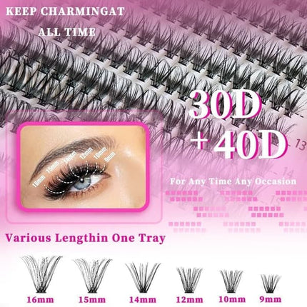 Eyelash Extension Kit with D-Curl for Beginners, Individual False Eyelashes, Pre-made Cluster Lashes, 30+40+50D.