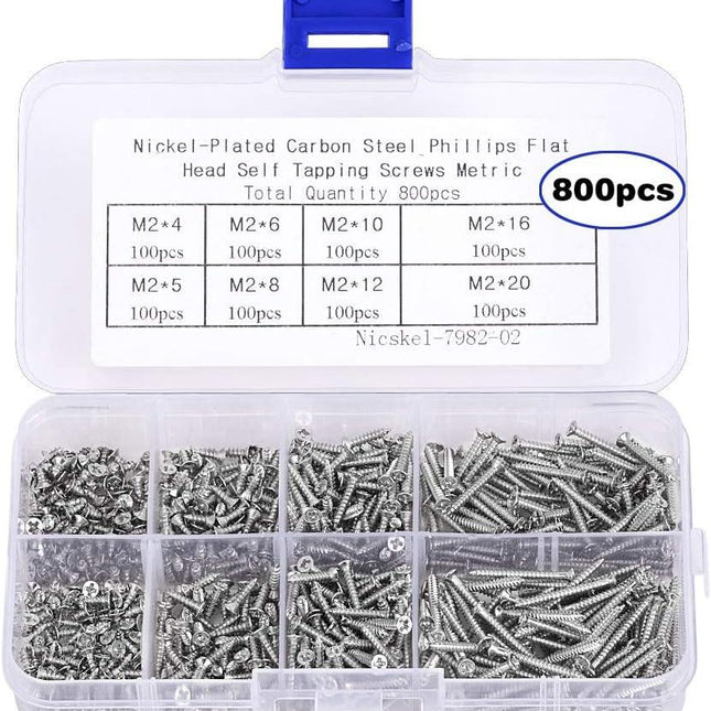 800pcs Small M2 Self Tapping Screws Assortment Box, Countersunk Phillips Flat Head Wood Screws (M2-4mm 5mm 6mm 8mm 10mm 12mm 16mm 20mm).