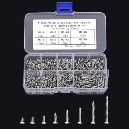 800pcs Small M2 Self Tapping Screws Assortment Box, Countersunk Phillips Flat Head Wood Screws (M2-4mm 5mm 6mm 8mm 10mm 12mm 16mm 20mm).