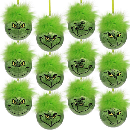 Grinch Christmas Baubles 12 Pcs Fluffy Green Hair Glitter Tree Ornaments Indoor Decor.