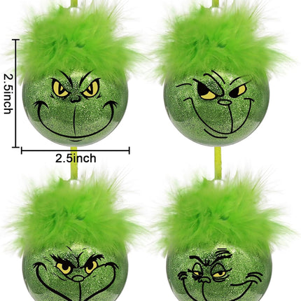 Grinch Christmas Baubles 12 Pcs Fluffy Green Hair Glitter Tree Ornaments Indoor Decor.