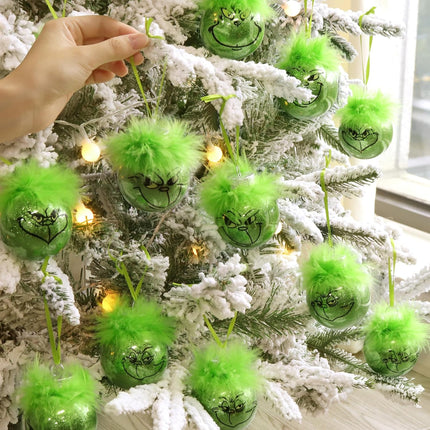 Grinch Christmas Baubles 12 Pcs Fluffy Green Hair Glitter Tree Ornaments Indoor Decor.