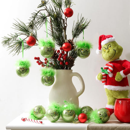 Grinch Christmas Baubles 12 Pcs Fluffy Green Hair Glitter Tree Ornaments Indoor Decor.