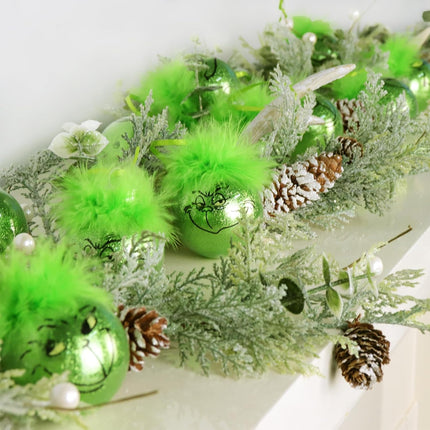 Grinch Christmas Baubles 12 Pcs Fluffy Green Hair Glitter Tree Ornaments Indoor Decor.