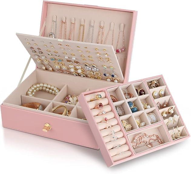 Jewelry Box for Storing Necklaces, Earrings, Bracelets and Rings, Large PU Leather with 3 Layers Stackable Jewelry Box, Pink Pink-tfrf Pink.