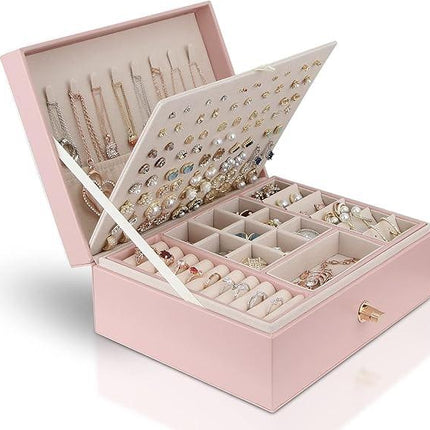Jewelry Box for Storing Necklaces, Earrings, Bracelets and Rings, Large PU Leather with 3 Layers Stackable Jewelry Box, Pink Pink-tfrf Pink.
