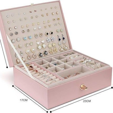 Jewelry Box for Storing Necklaces, Earrings, Bracelets and Rings, Large PU Leather with 3 Layers Stackable Jewelry Box, Pink Pink-tfrf Pink.
