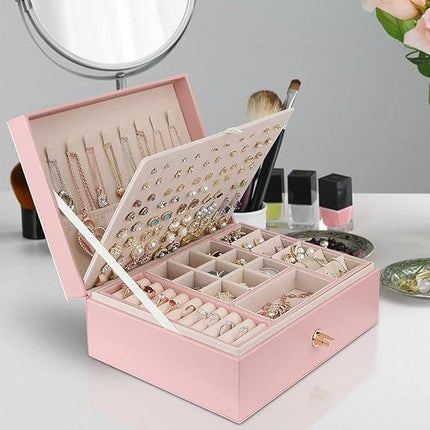 Jewelry Box for Storing Necklaces, Earrings, Bracelets and Rings, Large PU Leather with 3 Layers Stackable Jewelry Box, Pink Pink-tfrf Pink.