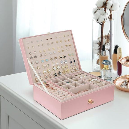 Jewelry Box for Storing Necklaces, Earrings, Bracelets and Rings, Large PU Leather with 3 Layers Stackable Jewelry Box, Pink Pink-tfrf Pink.