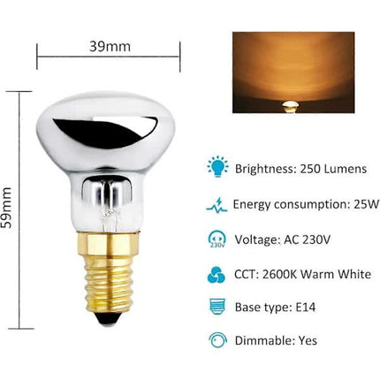 E14 R39 25W Dimmable Warm White 2600K Incandescent Bulb 250LM Small Reflector Bulbs Compatible with Heating Bubble Lamp Rocket Lamp Glitter Lamp.